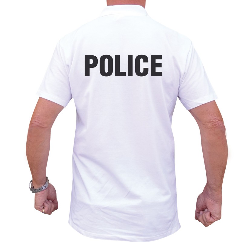 POLO BLANC MANCHES COURTES IMPRIME POLICE