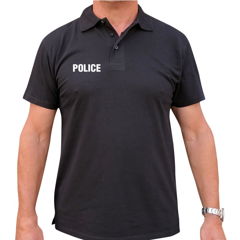 POLO NOIR MANCHES COURTES IMPRIME POLICE